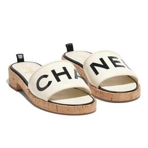 Chanel 19S Ivory Black Letter CC Logo Cork Mules Slide Sandal Flop Flat 35c